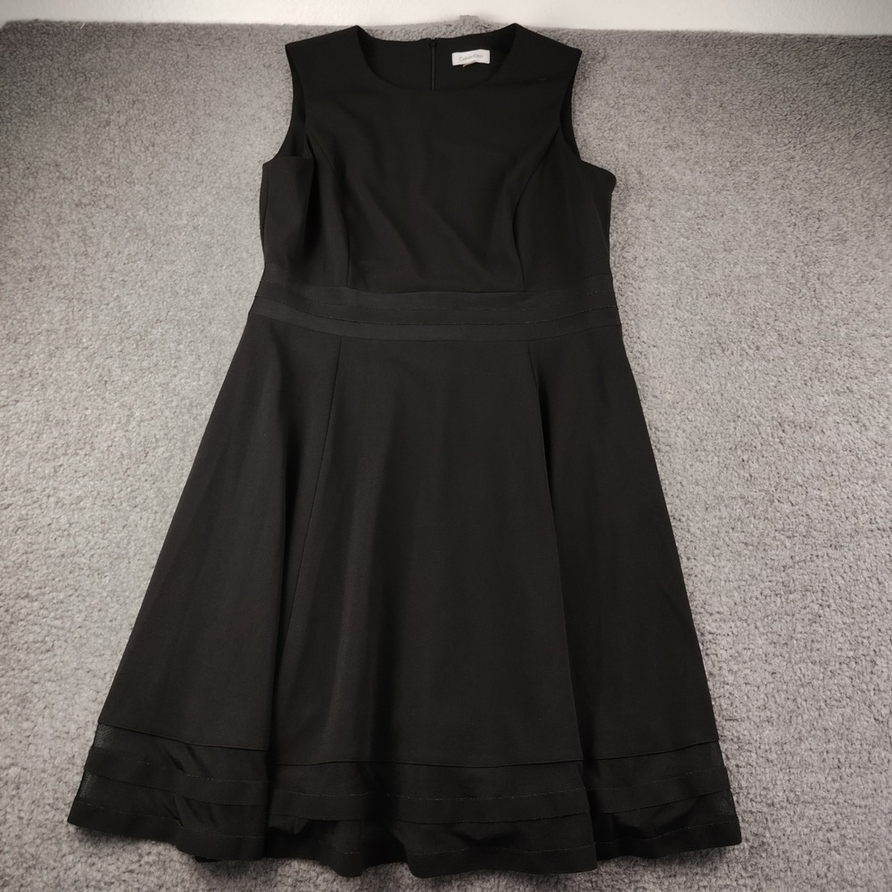 Calvin Klein Dress Sz 14 Fit and Flare Black Mesh Trim Sleeveless EUC